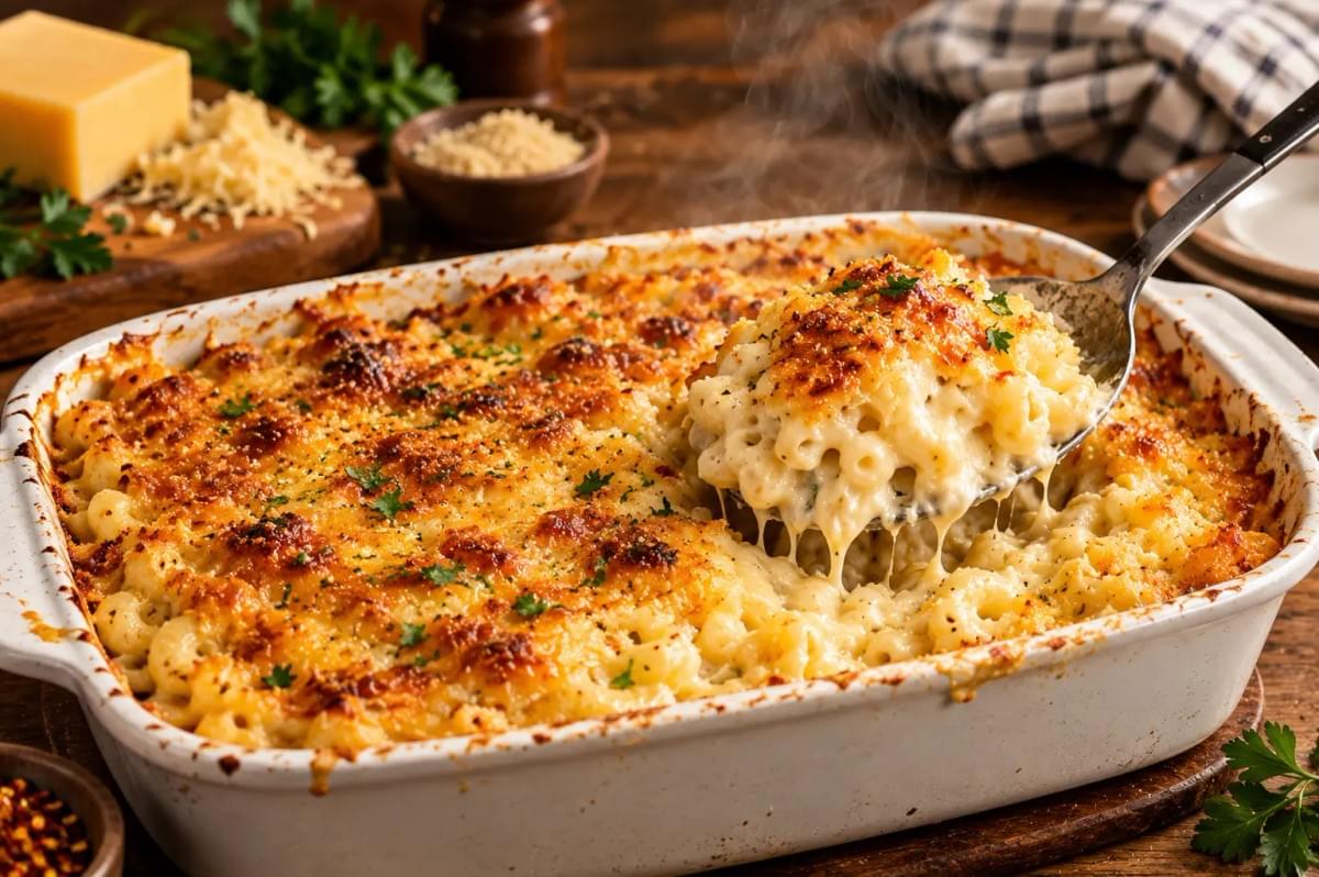 A large white rectangular baking dish filled with golden-brown baked sweet potato mac and cheese being scooped with a large spoon. A large white rectangular baking dish filled with golden-brown baked sweet potato mac and cheese being scooped with a large spoon.