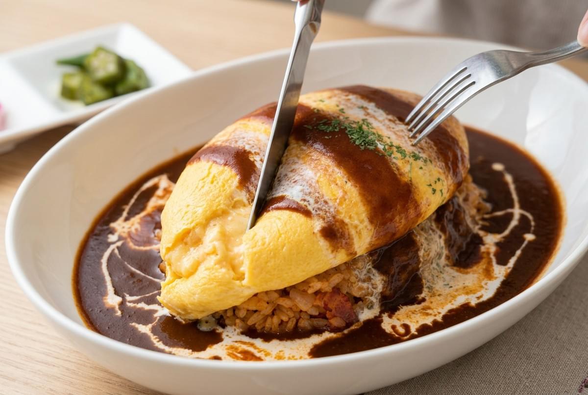A knife slicing into a soft, fluffy omurice sitting over seasoned rice in a pool of demi-glace sauce. A knife slicing into a soft, fluffy omurice sitting over seasoned rice in a pool of demi-glace sauce.