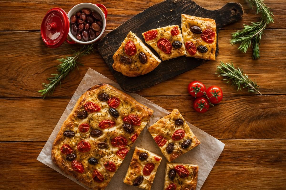 Top-down view of freshly baked focaccia bread, both whole and sliced, topped with cherry tomatoes, olives, and herbs on a wooden table alongside fresh rosemary sprigs, tomatoes on the vine, and a small red bowl of kalamata olives. Top-down view of freshly baked focaccia bread, both whole and sliced, topped with cherry tomatoes, olives, and herbs on a wooden table alongside fresh rosemary sprigs, tomatoes on the vine, and a small red bowl of kalamata olives.
