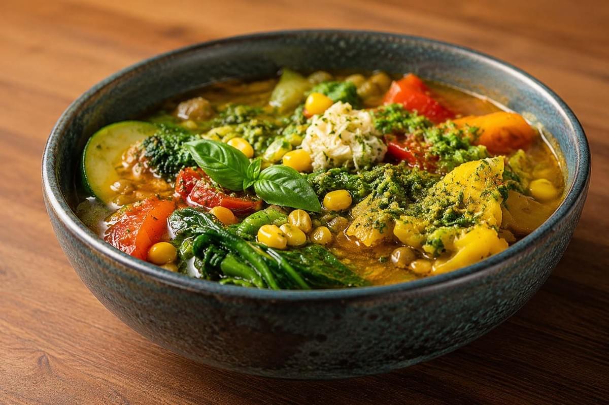 Hearty bowl of vegetable soup with corn, zucchini, and broccoli, topped with green pesto and fresh basil leaves Hearty bowl of vegetable soup with corn, zucchini, and broccoli, topped with green pesto and fresh basil leaves
