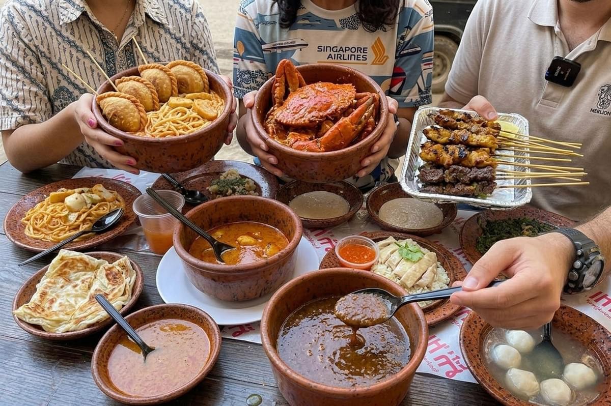 Group of people holding clay pots of curry crab, satay skewers, noodles, and local Singapore dishes spread across a table Group of people holding clay pots of curry crab, satay skewers, noodles, and local Singapore dishes spread across a table