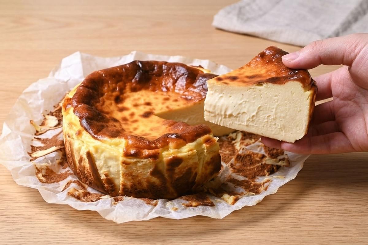A hand holding a slice of creamy Basque burnt cheesecake cut from the whole cake A hand holding a slice of creamy Basque burnt cheesecake cut from the whole cake