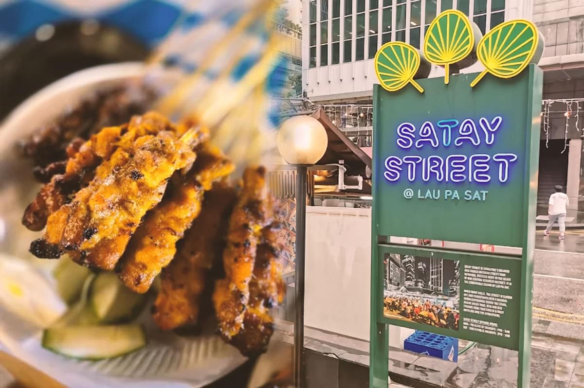 Satay street signage at Lau Pa Sat and grilled Satay Satay street signage at Lau Pa Sat and grilled Satay