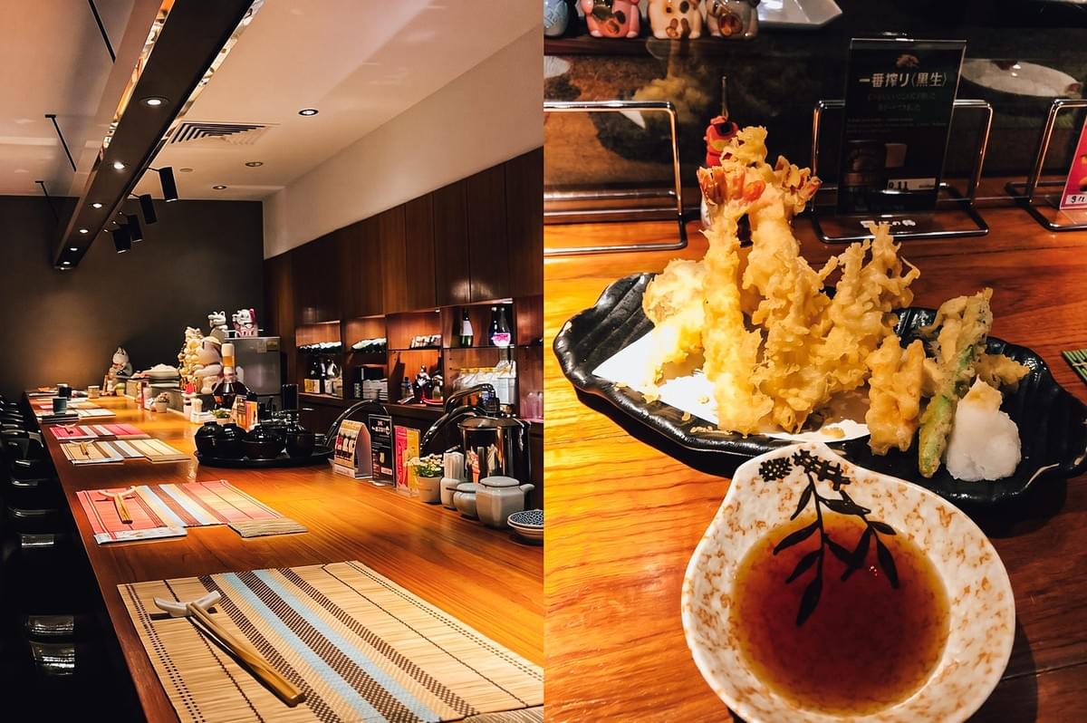 Left: Wide-angle, eye-level view of a sleek sushi bar with a long wooden counter, neatly arranged placemats, condiments, and softly lit shelves in the background; Right: Close-up, slightly top-down shot of assorted tempura pieces on a dark plate with a dipping sauce bowl on a wooden counter. Left: Wide-angle, eye-level view of a sleek sushi bar with a long wooden counter, neatly arranged placemats, condiments, and softly lit shelves in the background; Right: Close-up, slightly top-down shot of assorted tempura pieces on a dark plate with a dipping sauce bowl on a wooden counter.