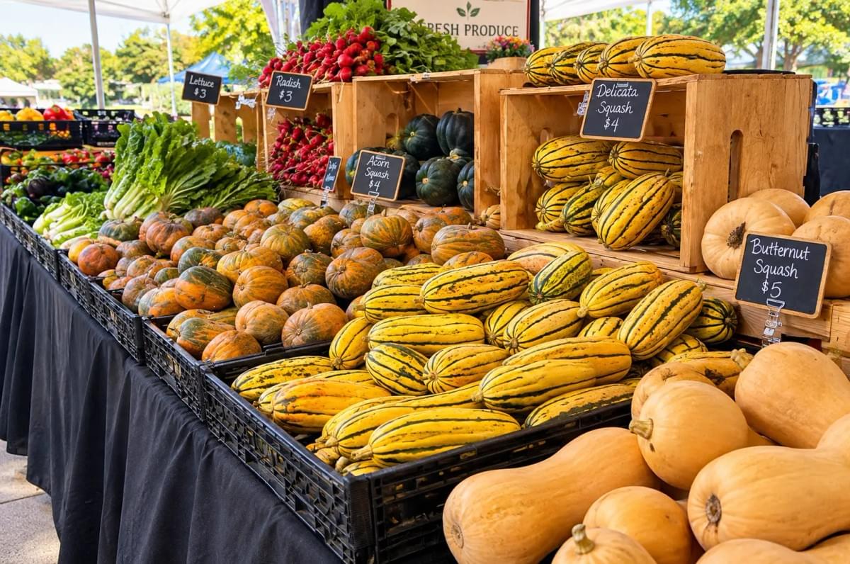 Vibrant outdoor market stall display stocked with various squashes, radishes, and leafy greens. Vibrant outdoor market stall display stocked with various squashes, radishes, and leafy greens.
