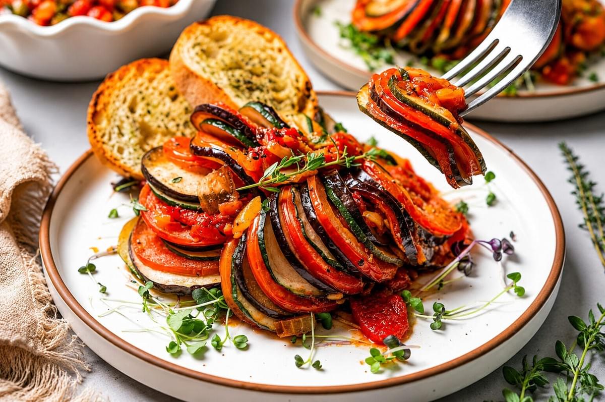 A plate of sliced, layered ratatouille served with toasted garlic bread and a fork lifting a bite. A plate of sliced, layered ratatouille served with toasted garlic bread and a fork lifting a bite.