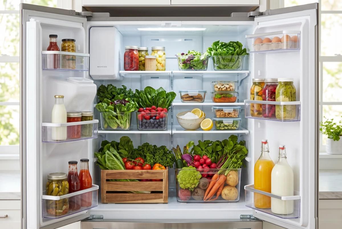 Open refrigerator fully stocked with neatly organized fresh produce, clear bins, and glass jars. Open refrigerator fully stocked with neatly organized fresh produce, clear bins, and glass jars.