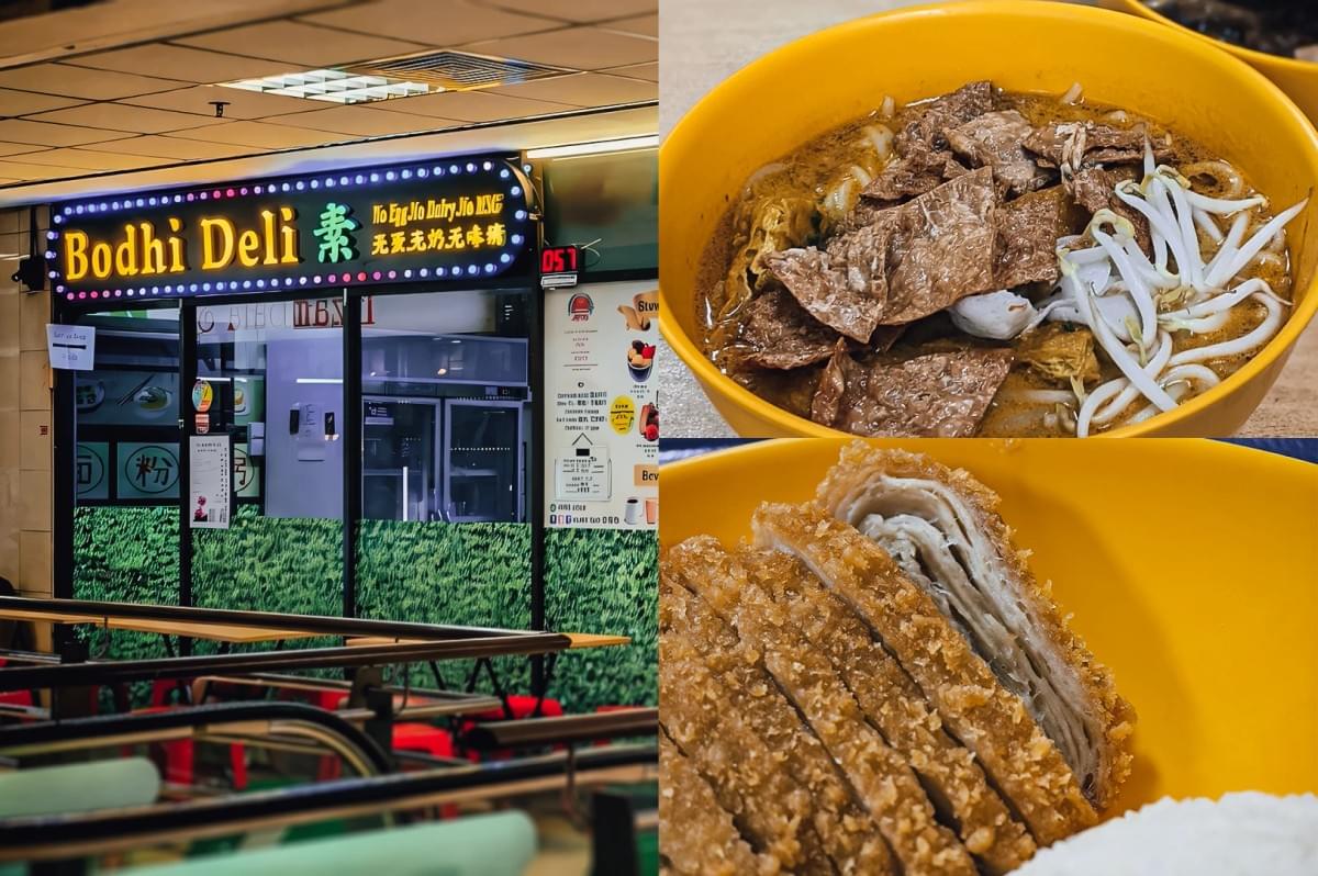 Eye-level wide-angle. Left: Bodhi Deli restaurant storefront in a shopping mall, displaying an illuminated sign with English and Chinese text, glass-front entrance, decorative green grass-style panels, digital menu signage, and indoor mall lighting. Upper Right: Close-up of a yellow bowl filled with noodle soup topped with sliced plant-based protein pieces, bean sprouts, and vegetables in a rich brown broth, emphasizing layered textures and warm colors. Lower Right: Close-up of a crispy breaded cutlet sliced into even pieces and served beside white rice in a yellow bowl, highlighting the golden crunchy coating, visible layered interior, and crisp texture under soft indoor lighting. Eye-level wide-angle. Left: Bodhi Deli restaurant storefront in a shopping mall, displaying an illuminated sign with English and Chinese text, glass-front entrance, decorative green grass-style panels, digital menu signage, and indoor mall lighting. Upper Right: Close-up of a yellow bowl filled with noodle soup topped with sliced plant-based protein pieces, bean sprouts, and vegetables in a rich brown broth, emphasizing layered textures and warm colors. Lower Right: Close-up of a crispy breaded cutlet sliced into even pieces and served beside white rice in a yellow bowl, highlighting the golden crunchy coating, visible layered interior, and crisp texture under soft indoor lighting.