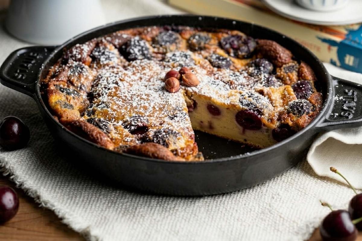 Finished cherry clafoutis dusted with powdered sugar Finished cherry clafoutis dusted with powdered sugar