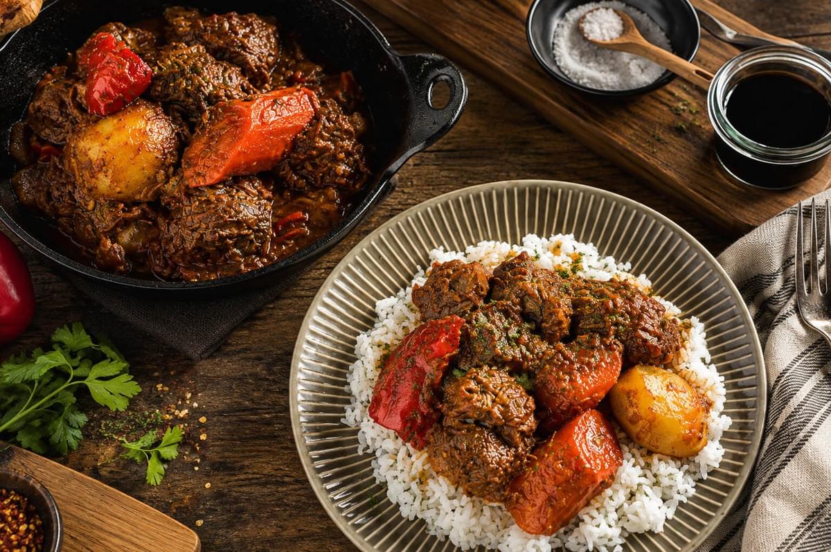 Flat lay of beef stew with potatoes and carrots served over white rice on a ribbed grey plate. Flat lay of beef stew with potatoes and carrots served over white rice on a ribbed grey plate.