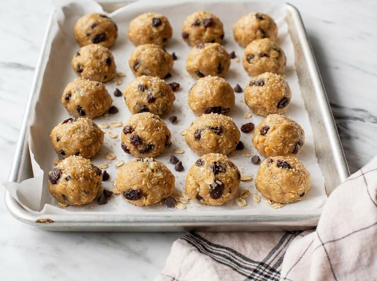 A baking sheet lined with parchment paper, holding neat rows of rolled oatmeal raisin cookie dough balls sprinkled with sugar, oats, and chocolate chips. A baking sheet lined with parchment paper, holding neat rows of rolled oatmeal raisin cookie dough balls sprinkled with sugar, oats, and chocolate chips.