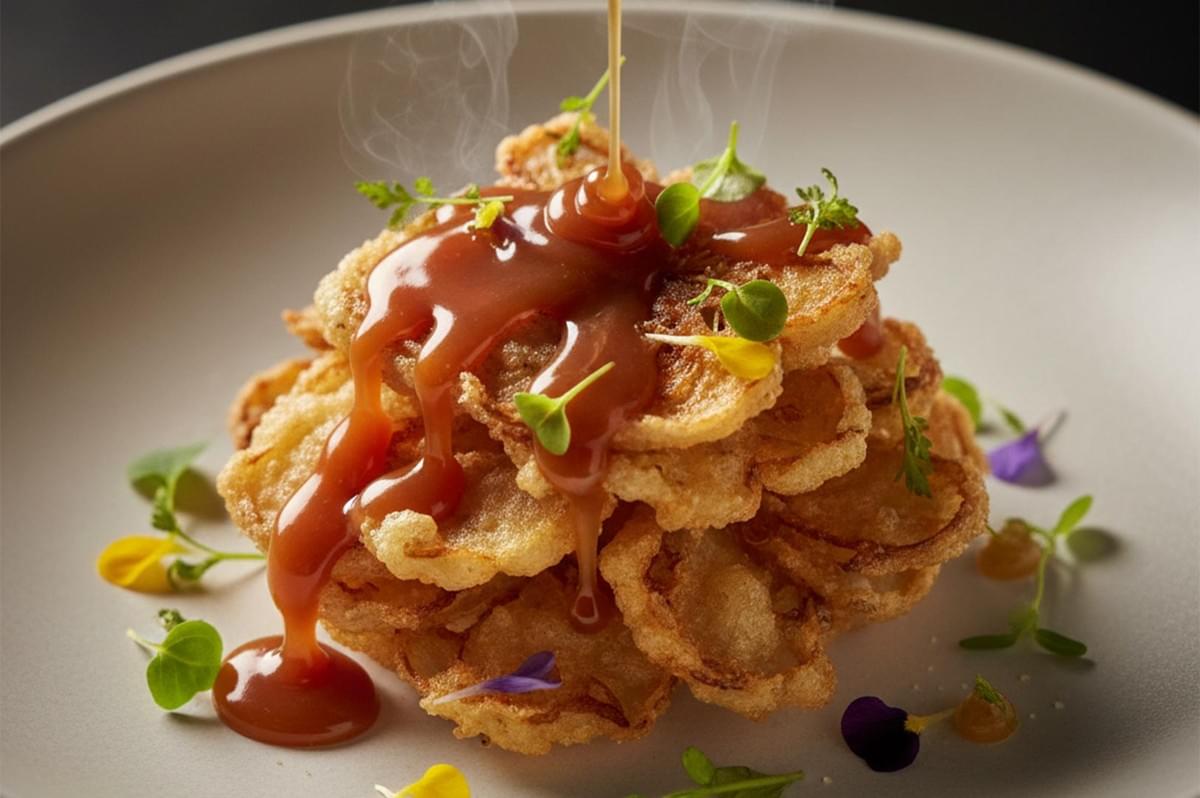 Close-up of savory sauce being poured over a stack of golden, crispy fried banana blossom petals garnished with microgreens. Close-up of savory sauce being poured over a stack of golden, crispy fried banana blossom petals garnished with microgreens.