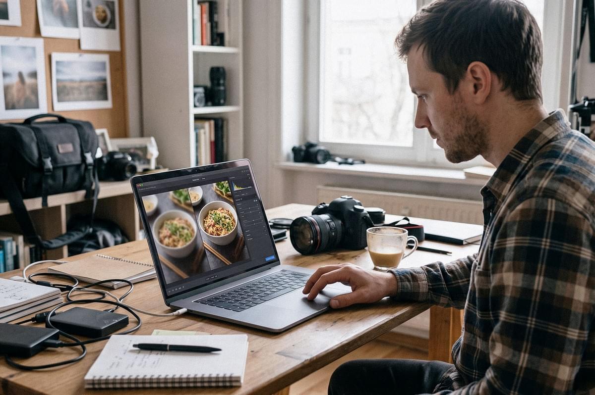 A photographer edits food images on a laptop in a home studio, with a camera, camera bag, notebook, and coffee cup arranged on the desk. A photographer edits food images on a laptop in a home studio, with a camera, camera bag, notebook, and coffee cup arranged on the desk.