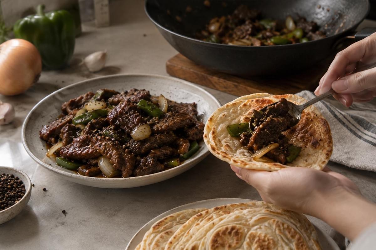 An action shot showing a person using a spoon to scoop glossy, stir-fried black pepper beef onto a golden, flaky roti flatbread held in their hands. To the left, a ceramic serving dish is piled high with the dark, seasoned beef, sliced green bell peppers, and onions, sprinkled with black pepper. In the surrounding background, raw cooking ingredients—including a whole onion, green bell pepper, garlic, black peppercorns, and a stir-fry wok—are neatly arranged on a gray stone surface. An action shot showing a person using a spoon to scoop glossy, stir-fried black pepper beef onto a golden, flaky roti flatbread held in their hands. To the left, a ceramic serving dish is piled high with the dark, seasoned beef, sliced green bell peppers, and onions, sprinkled with black pepper. In the surrounding background, raw cooking ingredients—including a whole onion, green bell pepper, garlic, black peppercorns, and a stir-fry wok—are neatly arranged on a gray stone surface.