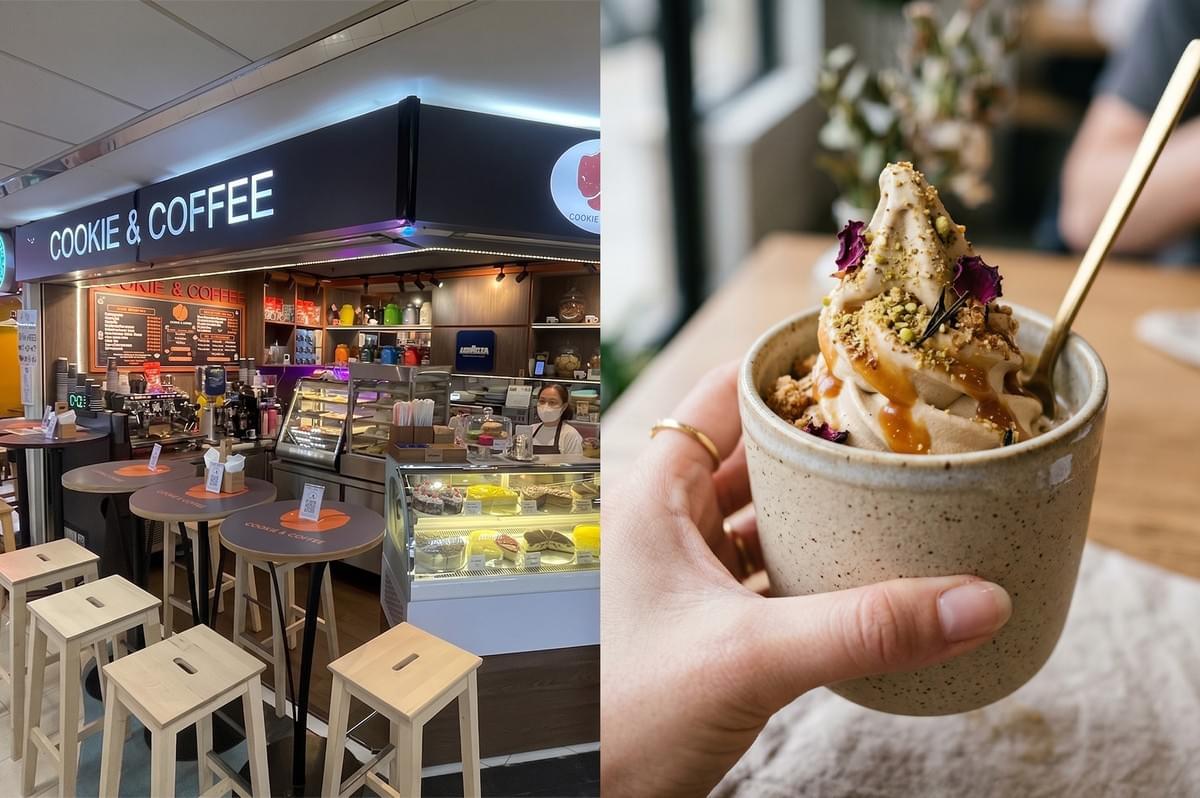 Storefront of Cookie & Coffee cafe with seating area, paired with a close-up of a soft-serve dessert cup topped with caramel, nuts, and edible flowers. Storefront of Cookie & Coffee cafe with seating area, paired with a close-up of a soft-serve dessert cup topped with caramel, nuts, and edible flowers.