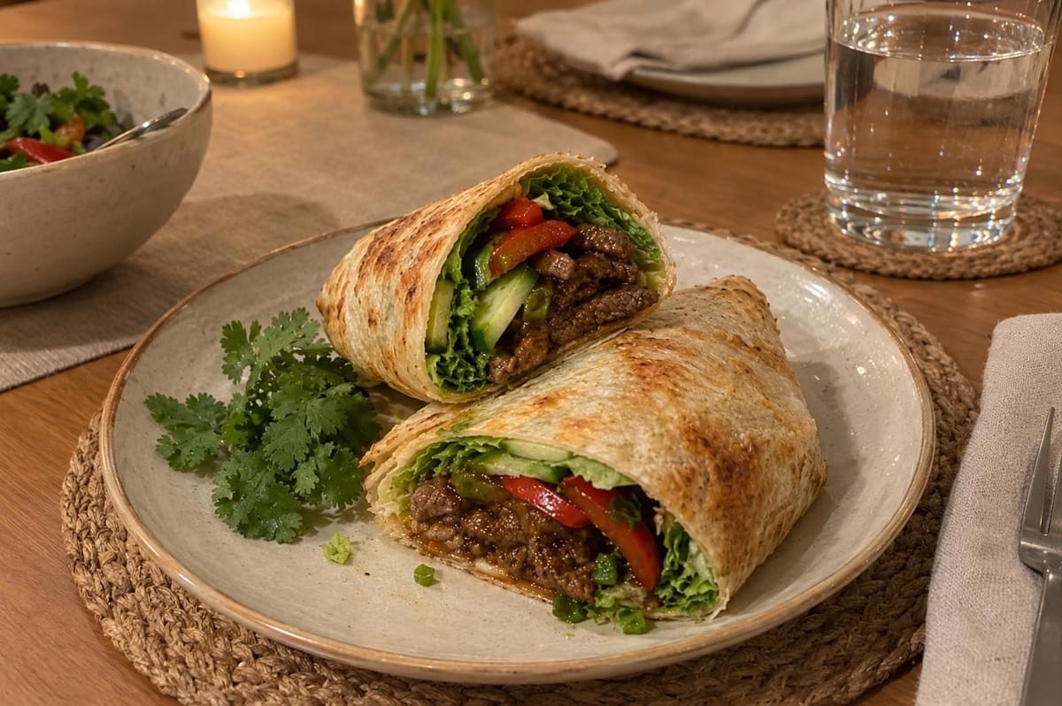A warm, cozy dining setup centered around a beige ceramic plate holding a sliced black pepper beef roti wrap served on a woven jute placemat. The wrap displays its colorful filling of stir-fried beef, red bell peppers, cucumber, and lettuce, garnished with fresh cilantro sprigs on the side. The background features a softly lit wooden table setting with a glowing candle, a glass of water, a folded linen napkin with a fork, and a side bowl of salad. A warm, cozy dining setup centered around a beige ceramic plate holding a sliced black pepper beef roti wrap served on a woven jute placemat. The wrap displays its colorful filling of stir-fried beef, red bell peppers, cucumber, and lettuce, garnished with fresh cilantro sprigs on the side. The background features a softly lit wooden table setting with a glowing candle, a glass of water, a folded linen napkin with a fork, and a side bowl of salad.