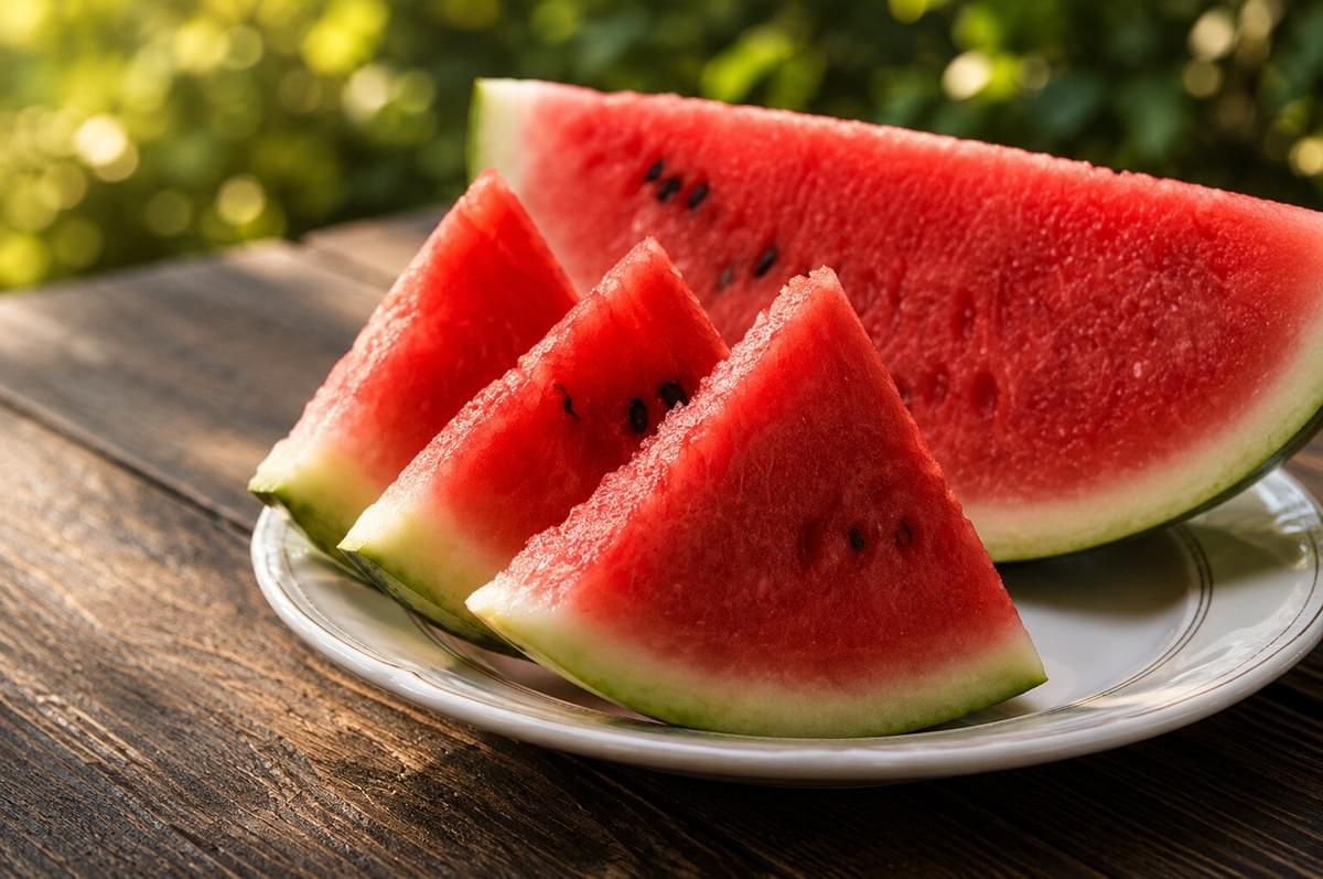 Fresh watermelon wedges arranged on a white plate set on a wooden table outdoors. Fresh watermelon wedges arranged on a white plate set on a wooden table outdoors.