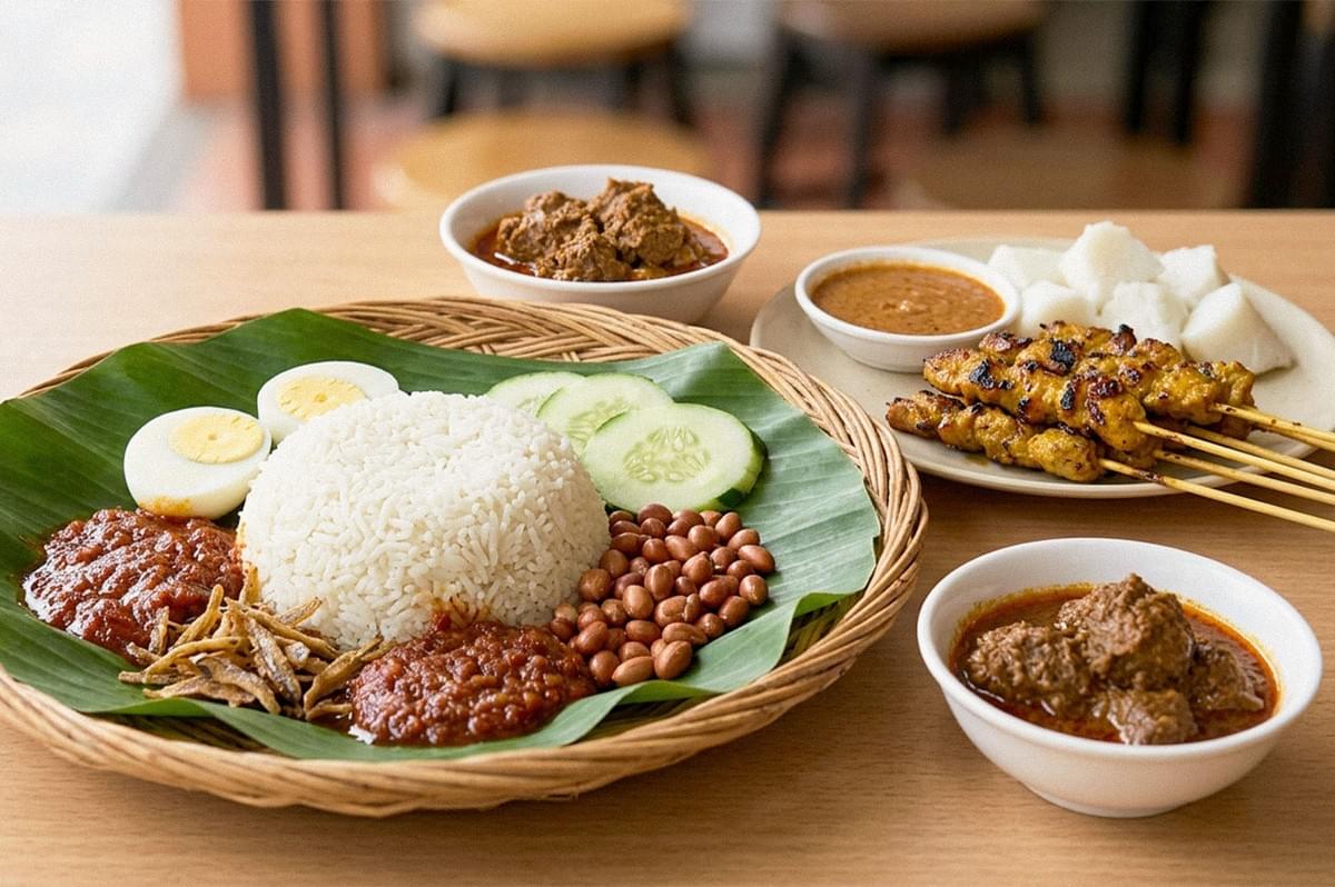 Nasi lemak served on a banana leaf with coconut rice, sambal, peanuts, fried anchovies, cucumber, and egg, accompanied by satay and bowls of rendang and peanut sauce. Nasi lemak served on a banana leaf with coconut rice, sambal, peanuts, fried anchovies, cucumber, and egg, accompanied by satay and bowls of rendang and peanut sauce.