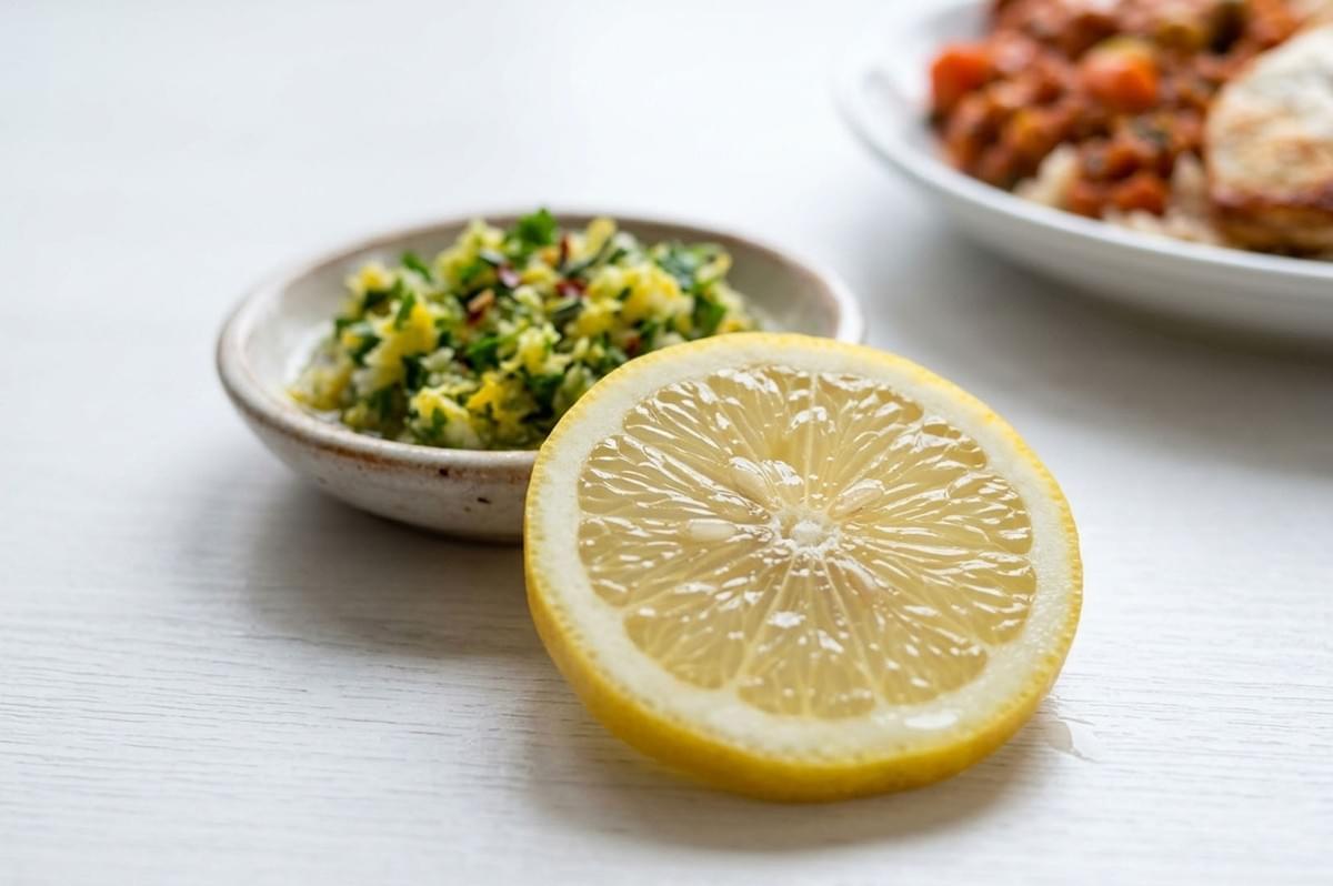 Fresh lemon slice beside a small bowl of green herb relish on a white surface Fresh lemon slice beside a small bowl of green herb relish on a white surface