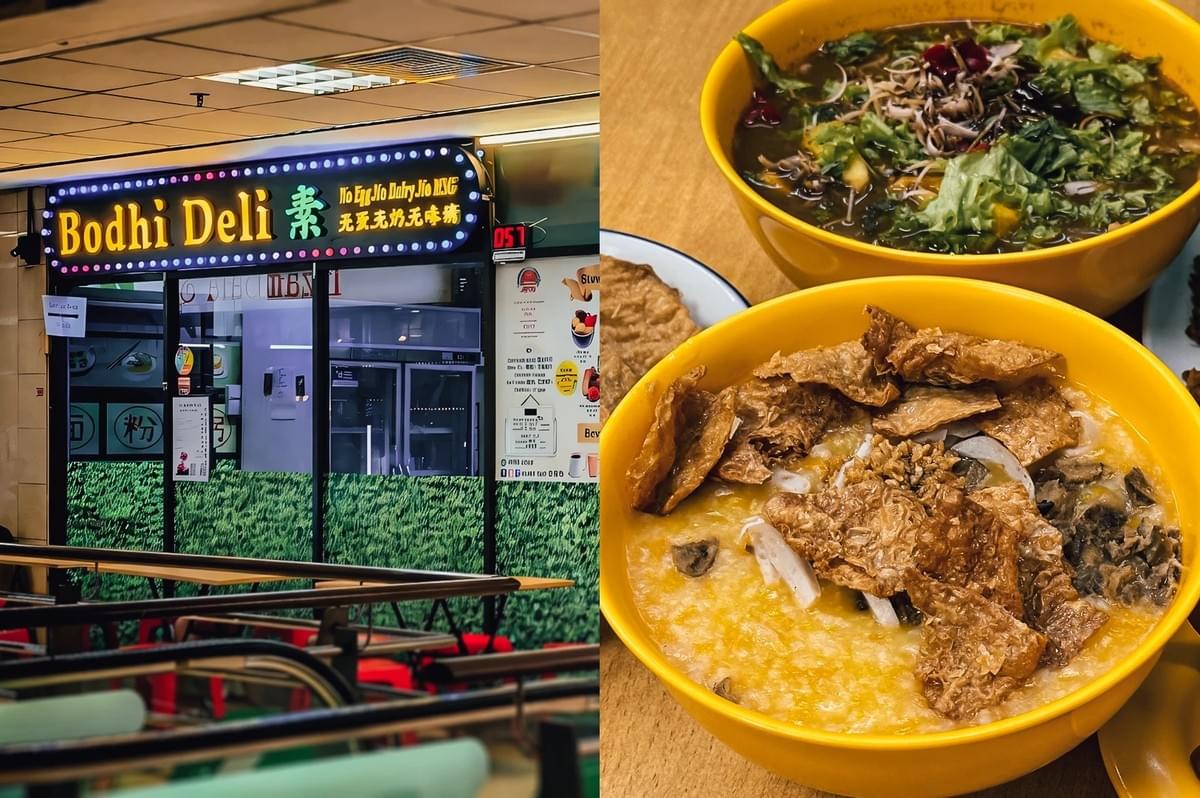 Left: Eye-level wide shot of a ‘Bodhi Deli’ restaurant sign with illuminated lettering and Chinese characters above a closed glass storefront inside a shopping mall corridor; Right: Top-down close-up of two yellow bowls containing vegetarian dishes, one with porridge topped with crispy textured pieces and the other with leafy greens and sprouts in broth. Left: Eye-level wide shot of a ‘Bodhi Deli’ restaurant sign with illuminated lettering and Chinese characters above a closed glass storefront inside a shopping mall corridor; Right: Top-down close-up of two yellow bowls containing vegetarian dishes, one with porridge topped with crispy textured pieces and the other with leafy greens and sprouts in broth.