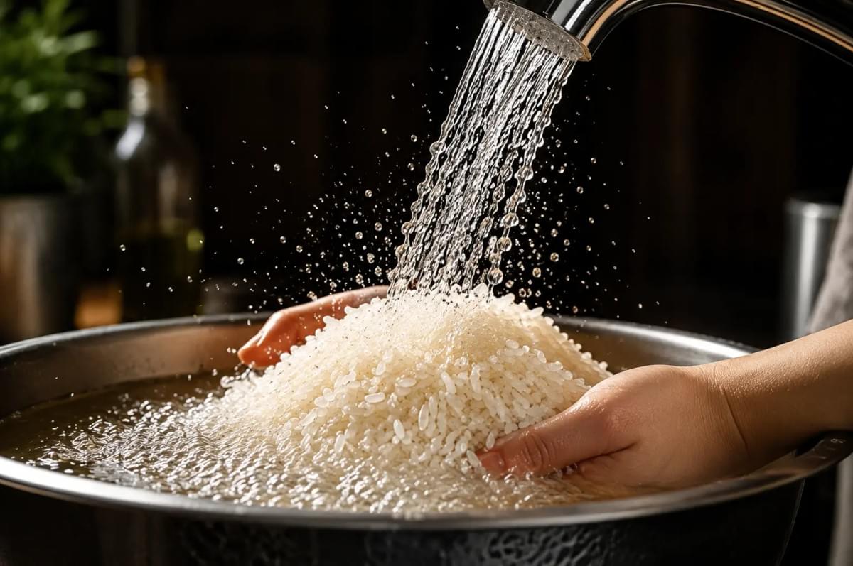 Hands gently rinsing raw white grains of rice under a stream of fresh running water over a metal bowl. Hands gently rinsing raw white grains of rice under a stream of fresh running water over a metal bowl.