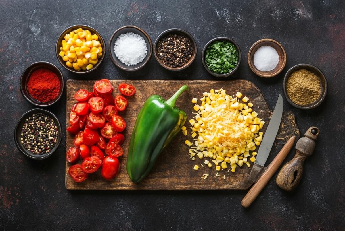 Overhead view of ingredients including a green pepper, sliced cherry tomatoes, corn, and spice bowls arranged around a cutting board. Overhead view of ingredients including a green pepper, sliced cherry tomatoes, corn, and spice bowls arranged around a cutting board.