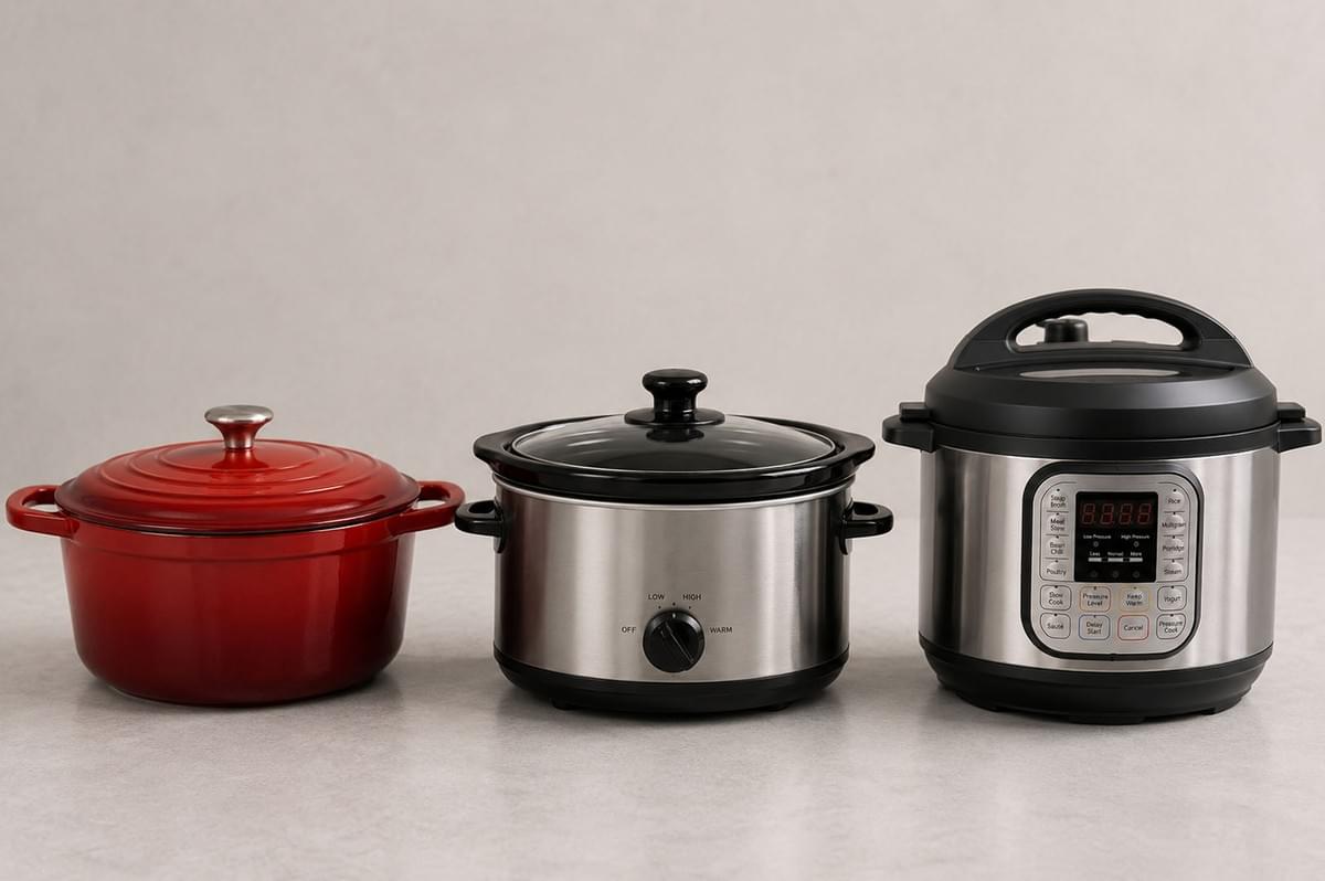 A red Dutch oven, a stainless steel slow cooker, and an electric pressure cooker lined up on a counter A red Dutch oven, a stainless steel slow cooker, and an electric pressure cooker lined up on a counter