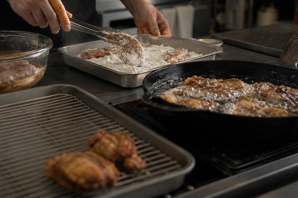 A dynamic, action-oriented kitchen shot captures a chef using metal tongs to dredge marinated chicken pieces into a shallow metal tray filled with white flour before transferring them into a bubbling, shallow-frying cast-iron skillet on the right. The skillet is filled with oil and frying chicken pieces that are developing a rich, golden-brown crust. In the lower left foreground, two freshly fried, deeply golden-brown chicken thighs rest on a wire cooling rack over a metal sheet pan, catching the overhead kitchen light. A dynamic, action-oriented kitchen shot captures a chef using metal tongs to dredge marinated chicken pieces into a shallow metal tray filled with white flour before transferring them into a bubbling, shallow-frying cast-iron skillet on the right. The skillet is filled with oil and frying chicken pieces that are developing a rich, golden-brown crust. In the lower left foreground, two freshly fried, deeply golden-brown chicken thighs rest on a wire cooling rack over a metal sheet pan, catching the overhead kitchen light.