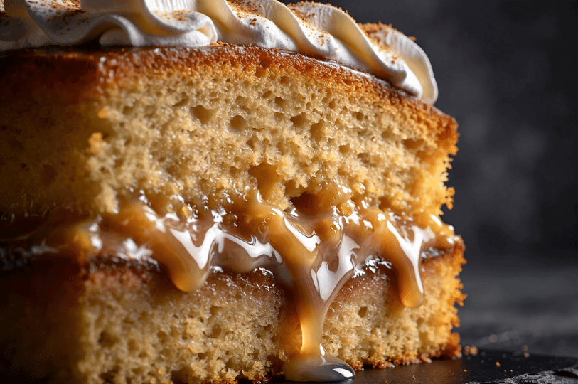 An extreme macro shot showing the porous texture of the sponge cake as it releases a thick, milky syrup from its center, topped with a dusting of cinnamon and whipped cream. An extreme macro shot showing the porous texture of the sponge cake as it releases a thick, milky syrup from its center, topped with a dusting of cinnamon and whipped cream.