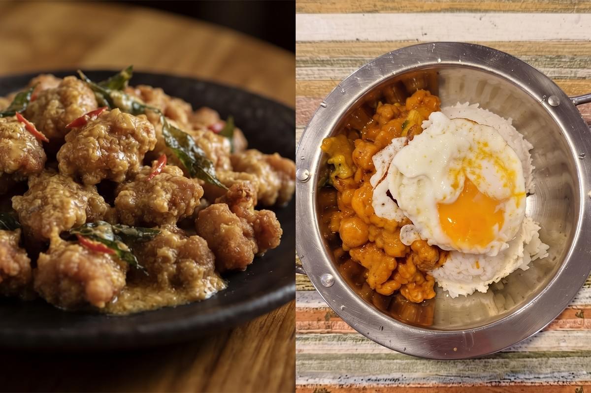 Salted egg chicken dish and single-plate meal with rice at Tasty Wok. Salted egg chicken dish and single-plate meal with rice at Tasty Wok.