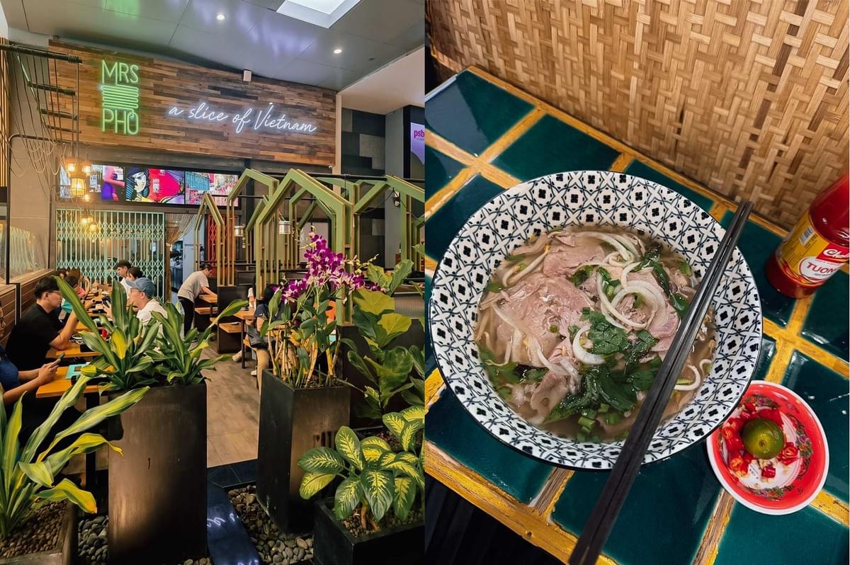 This split-screen image features Mrs Pho, displaying the restaurant's entrance on the left with wood-accented walls, green framework structures, potted plants, and neon signage reading "MRS PHO - a slice of Vietnam," while the right side presents a top-down view of a steaming bowl of beef pho served in a pattern-rimmed ceramic bowl, set on a green tiled table beside a small dish of sliced chilies and lime. This split-screen image features Mrs Pho, displaying the restaurant's entrance on the left with wood-accented walls, green framework structures, potted plants, and neon signage reading "MRS PHO - a slice of Vietnam," while the right side presents a top-down view of a steaming bowl of beef pho served in a pattern-rimmed ceramic bowl, set on a green tiled table beside a small dish of sliced chilies and lime.