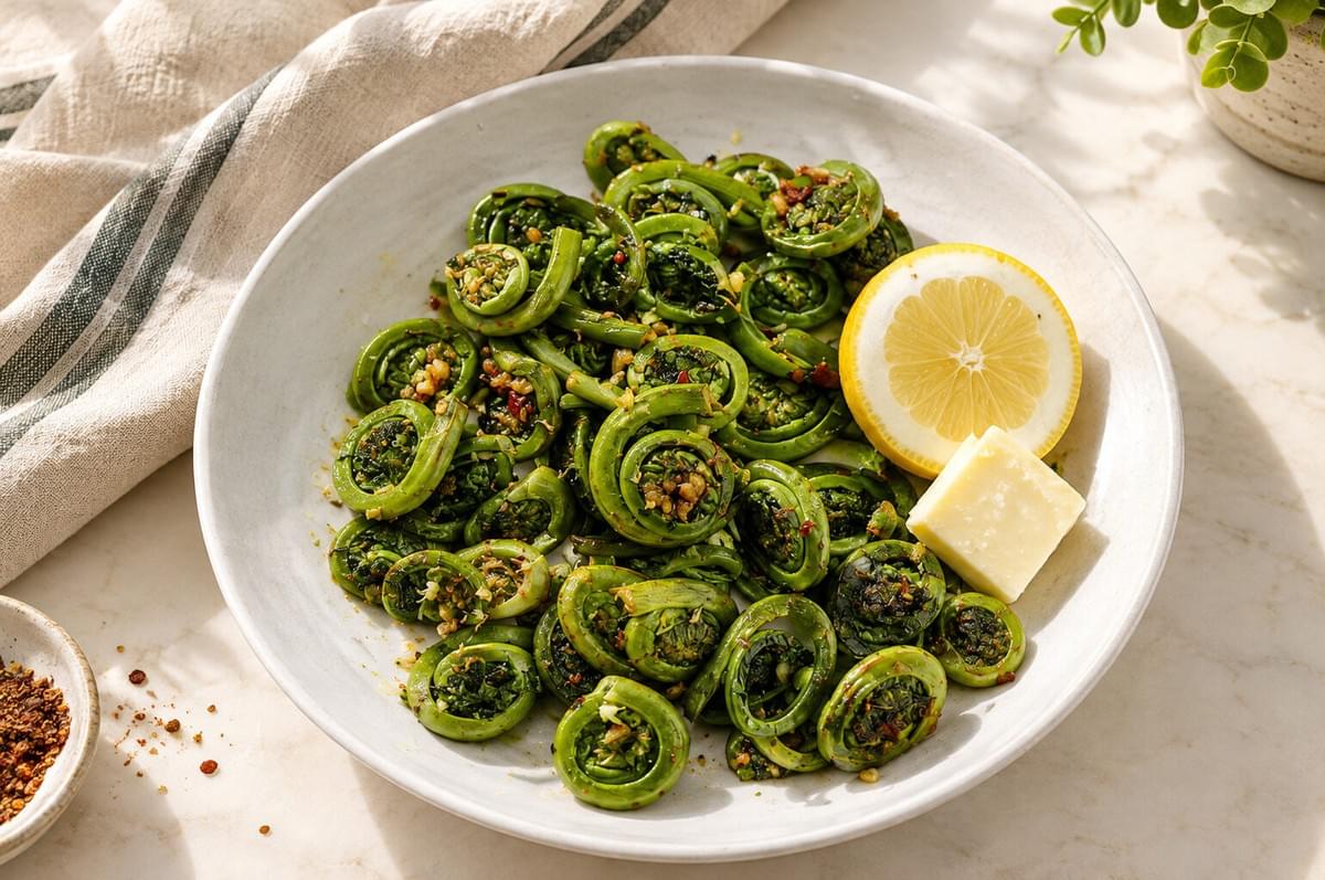 Plated sautéed fiddleheads served with a half lemon slice and butter cube. Plated sautéed fiddleheads served with a half lemon slice and butter cube.