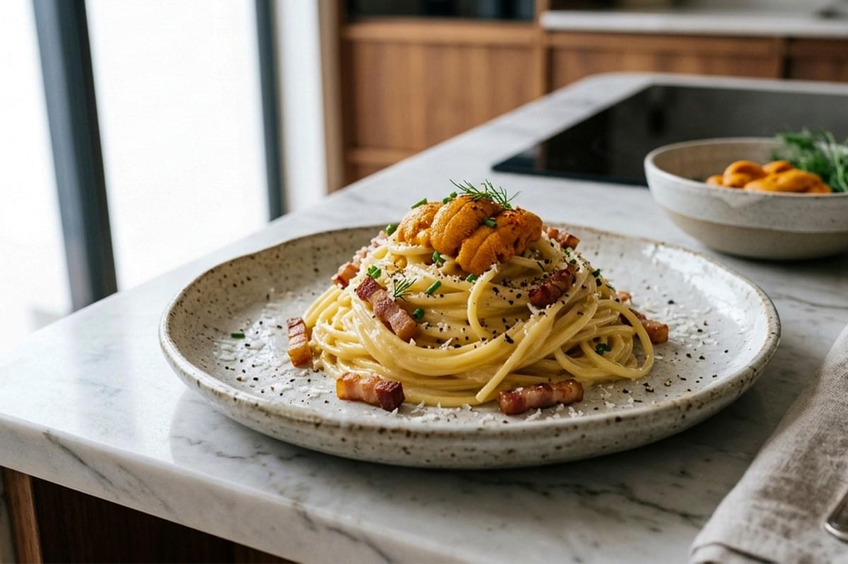 A wide, eye-level shot of a beautifully plated Uni Carbonara on a textured, off-white ceramic plate. The pasta is a mound of glossy spaghetti coated in a pale yellow egg sauce, interspersed with golden-brown, crispy cubes of guanciale (cured pork cheek). Perched prominently on top are several bright orange, textured lobes of fresh sea urchin (uni), garnished with finely chopped chives and a small sprig of dill. The plate sits on a white marble countertop in a modern, sunlit kitchen with blurred wooden cabinetry in the background. A wide, eye-level shot of a beautifully plated Uni Carbonara on a textured, off-white ceramic plate. The pasta is a mound of glossy spaghetti coated in a pale yellow egg sauce, interspersed with golden-brown, crispy cubes of guanciale (cured pork cheek). Perched prominently on top are several bright orange, textured lobes of fresh sea urchin (uni), garnished with finely chopped chives and a small sprig of dill. The plate sits on a white marble countertop in a modern, sunlit kitchen with blurred wooden cabinetry in the background.