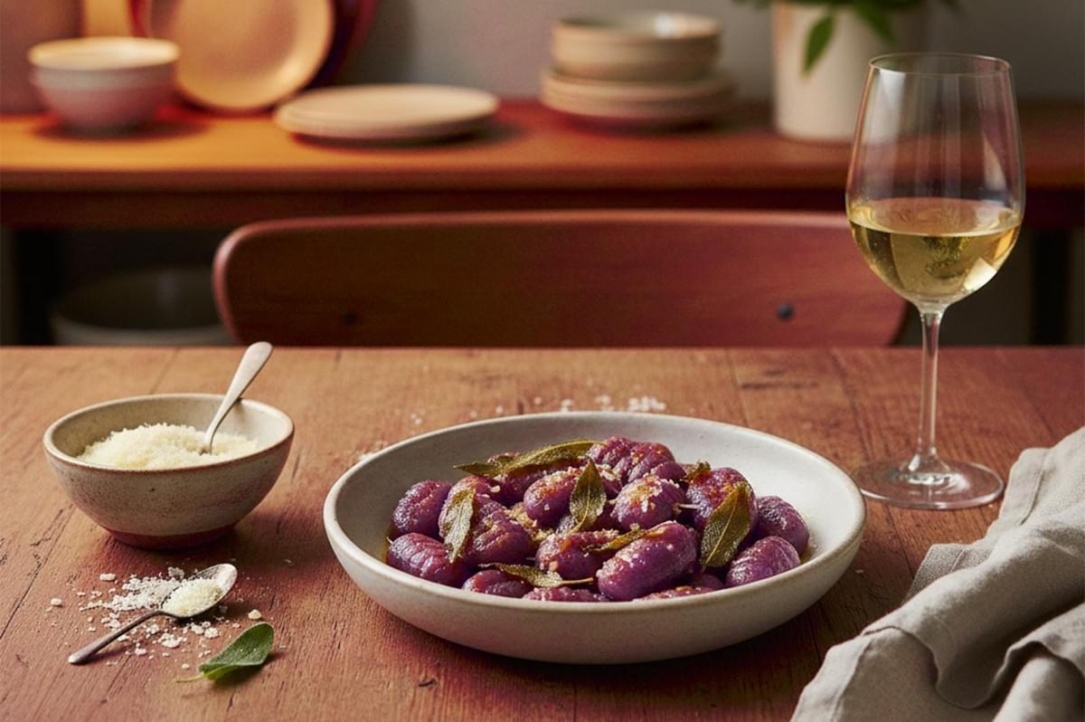 A plated serving of purple yam gnocchi on a wooden table set with a glass of white wine and a bowl of parmesan cheese. A plated serving of purple yam gnocchi on a wooden table set with a glass of white wine and a bowl of parmesan cheese.