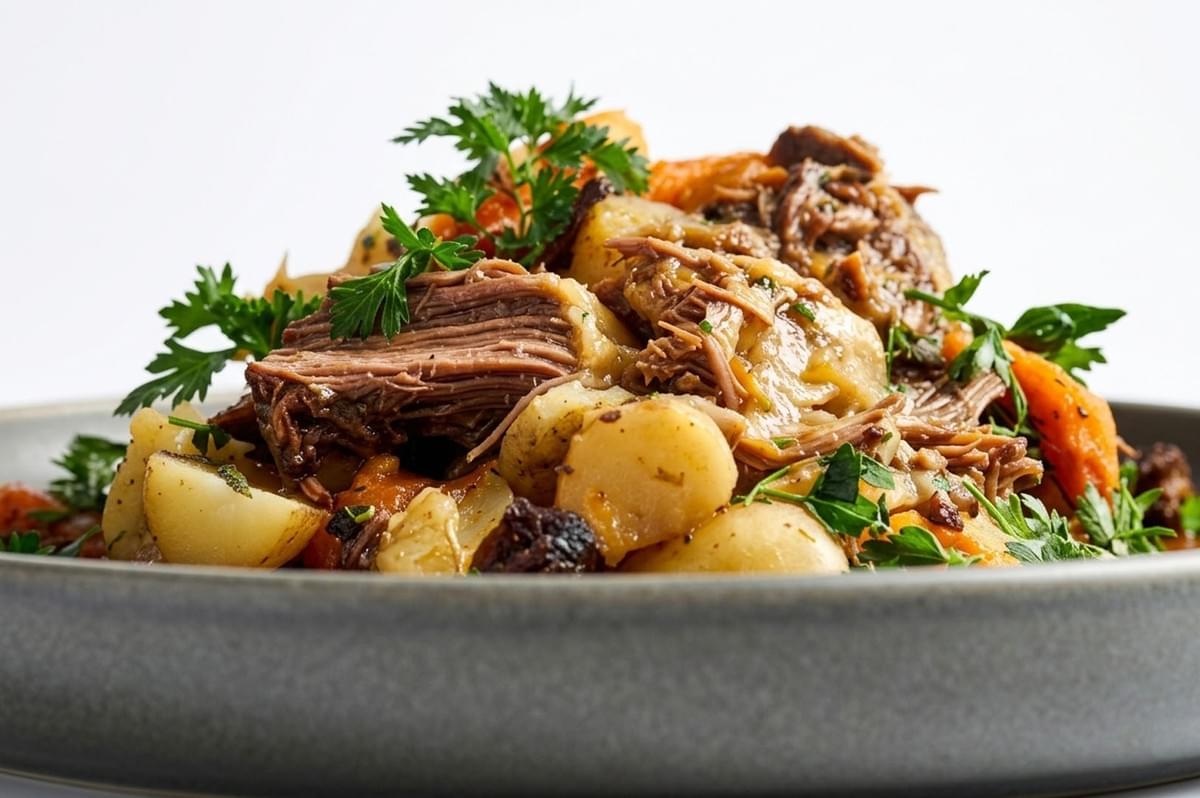 Close-up of a plate featuring slow-cooked shredded meat, potatoes, and carrots garnished with parsley Close-up of a plate featuring slow-cooked shredded meat, potatoes, and carrots garnished with parsley