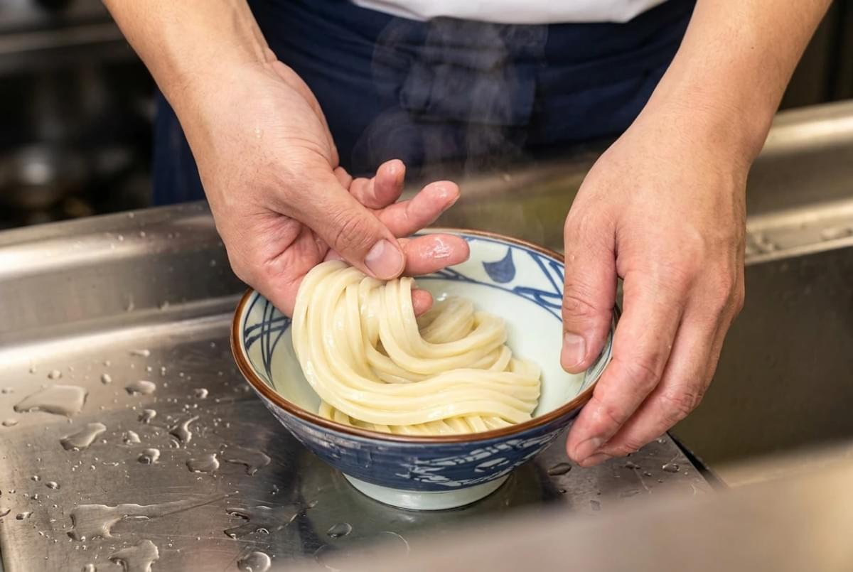 Hands plating steaming thick udon noodles into a blue patterned ceramic bowl. Hands plating steaming thick udon noodles into a blue patterned ceramic bowl.