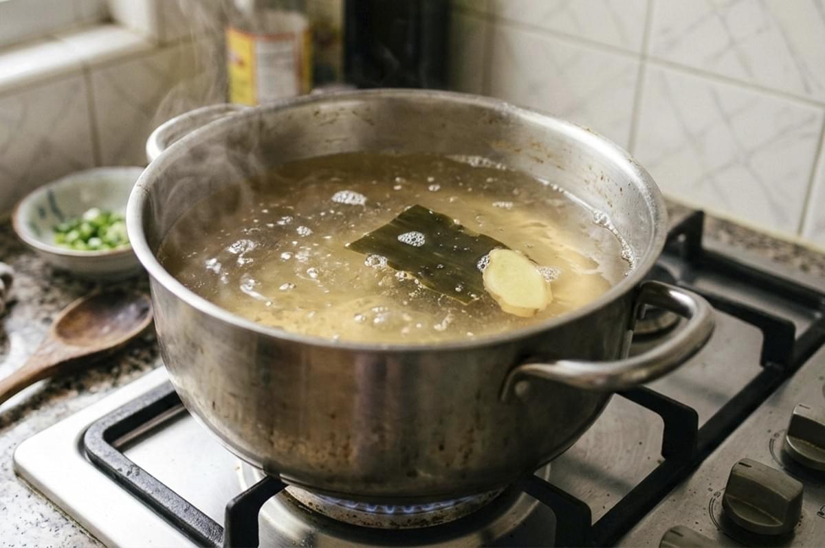 A medium shot of a large stainless steel pot on a gas stove, with a blue flame visible underneath. Inside, a clear, aromatic broth is simmering with visible bubbles. A large piece of kombu (dried kelp) and a thick slice of fresh ginger float on the surface. Steam rises against a background of white tiled kitchen walls, capturing an authentic, "in-progress" cooking moment. A medium shot of a large stainless steel pot on a gas stove, with a blue flame visible underneath. Inside, a clear, aromatic broth is simmering with visible bubbles. A large piece of kombu (dried kelp) and a thick slice of fresh ginger float on the surface. Steam rises against a background of white tiled kitchen walls, capturing an authentic, "in-progress" cooking moment.