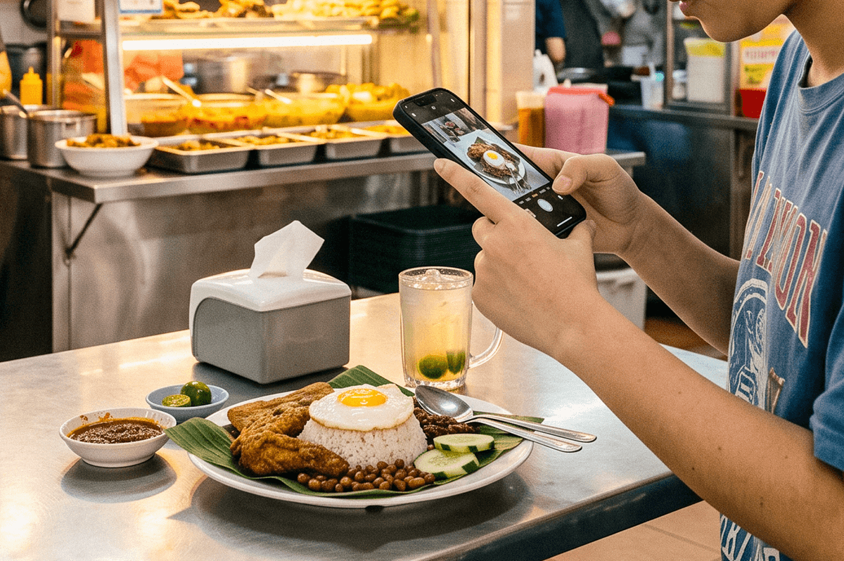 A customer photographing a nasi lemak meal with fried chicken, rice, egg, cucumber, and peanuts at a food stall. A customer photographing a nasi lemak meal with fried chicken, rice, egg, cucumber, and peanuts at a food stall.