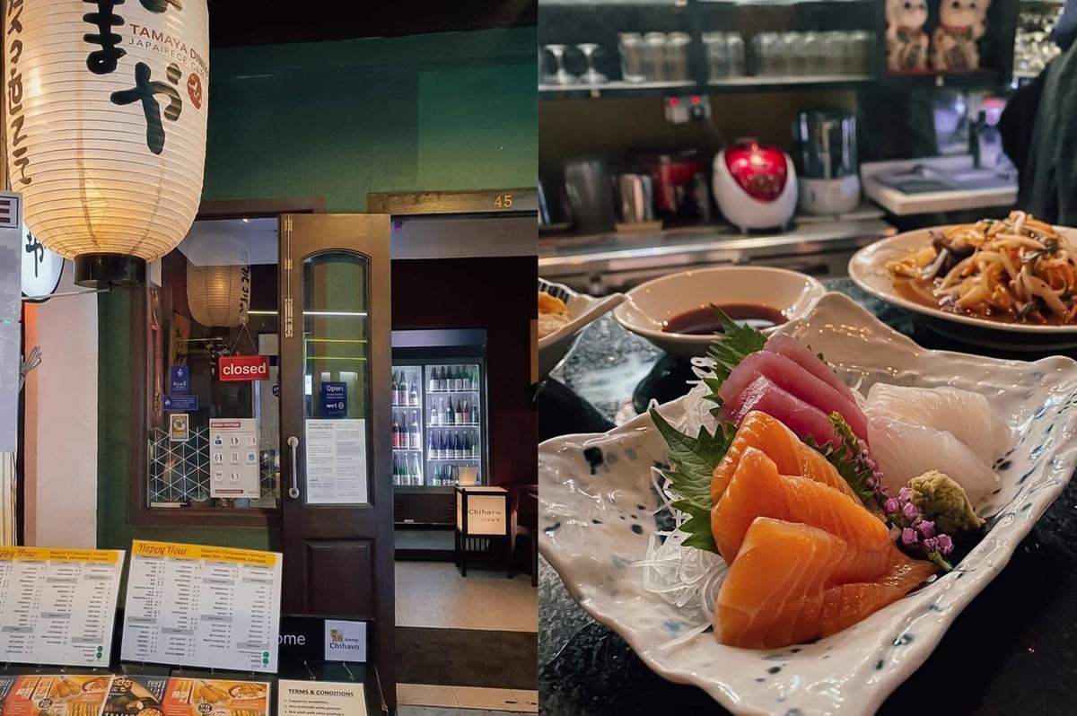 A composite image showing Tamaya Dining in Cuppage Plaza. The left panel shows the restaurant's traditional entrance featuring a paper lantern with Japanese calligraphy, glass doors, and happy hour menus. The right panel displays an assorted sashimi platter on a decorative ceramic dish with salmon, tuna, and white fish slices arranged over shredded daikon radish, served with wasabi and shiso leaves. A composite image showing Tamaya Dining in Cuppage Plaza. The left panel shows the restaurant's traditional entrance featuring a paper lantern with Japanese calligraphy, glass doors, and happy hour menus. The right panel displays an assorted sashimi platter on a decorative ceramic dish with salmon, tuna, and white fish slices arranged over shredded daikon radish, served with wasabi and shiso leaves.