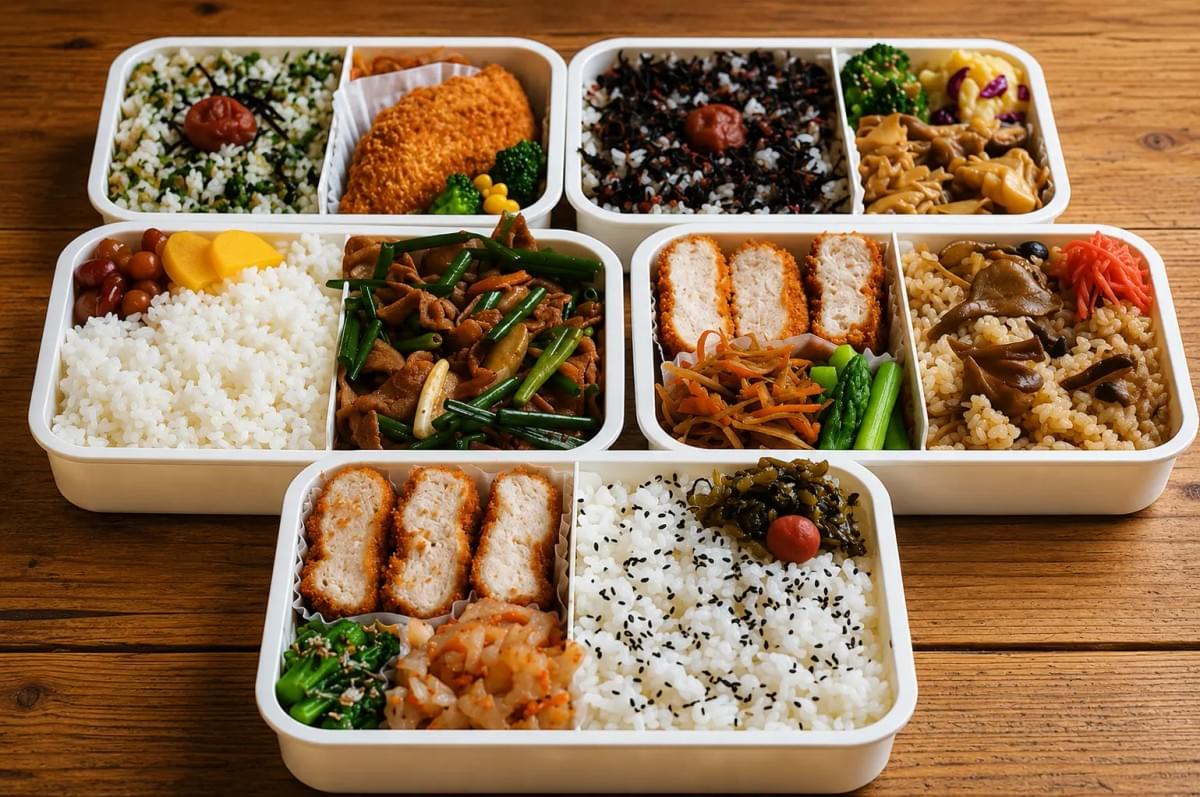 Five neatly arranged bento meal boxes containing rice, pickled vegetables, fried cutlets, and stir-fried meat on a wooden tabletop. Five neatly arranged bento meal boxes containing rice, pickled vegetables, fried cutlets, and stir-fried meat on a wooden tabletop.