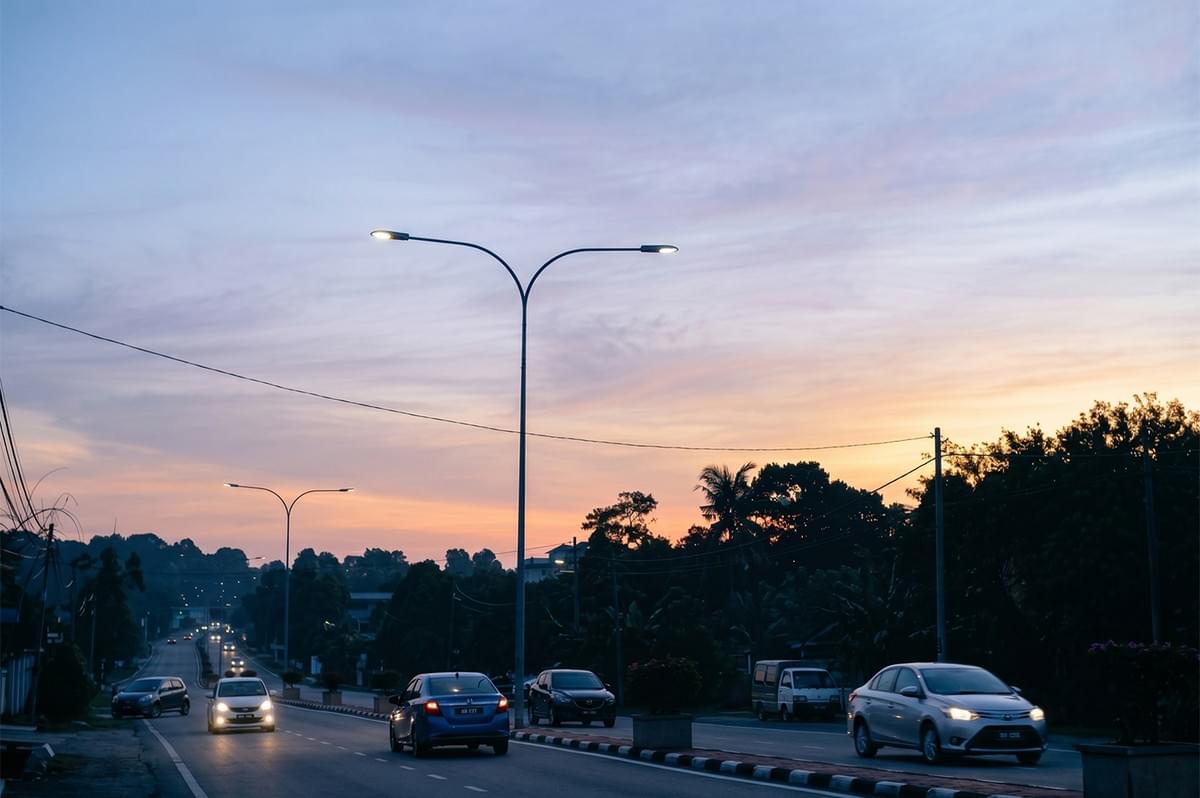 Cars driving on a multi-lane road at dusk under streetlights with a sunset sky background. Cars driving on a multi-lane road at dusk under streetlights with a sunset sky background.