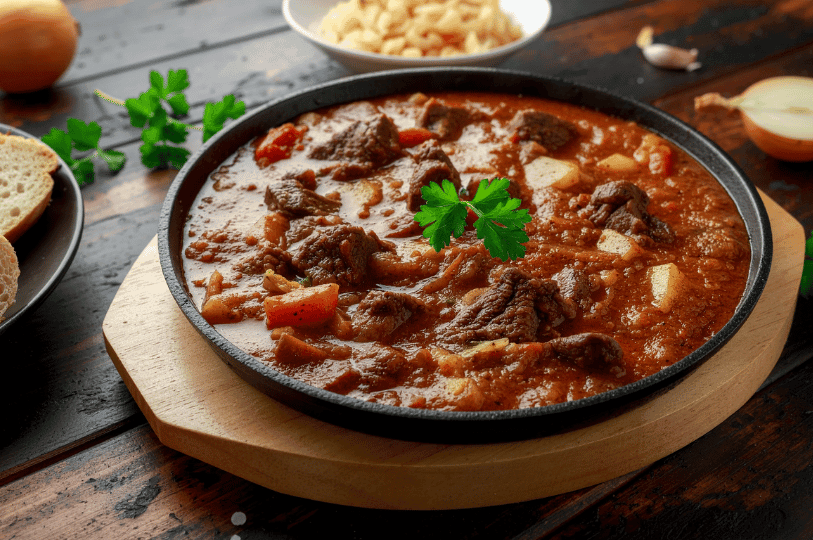 A large black pan sitting on a dark wooden table, filled with a hearty Hungarian goulash containing tender beef, potatoes, and a rich paprika broth, with sliced bread and onions nearby. A large black pan sitting on a dark wooden table, filled with a hearty Hungarian goulash containing tender beef, potatoes, and a rich paprika broth, with sliced bread and onions nearby.