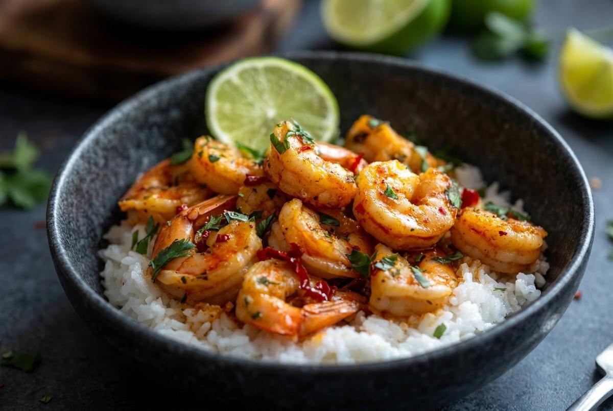 Sautéed chili garlic shrimp garnished with fresh herbs, served over a bed of white rice with lime. Sautéed chili garlic shrimp garnished with fresh herbs, served over a bed of white rice with lime.