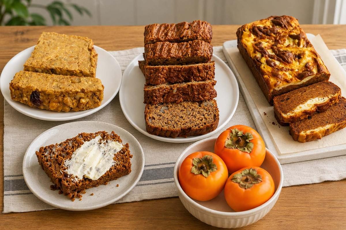 Variety of persimmon baked goods with fresh fruit Variety of persimmon baked goods with fresh fruit