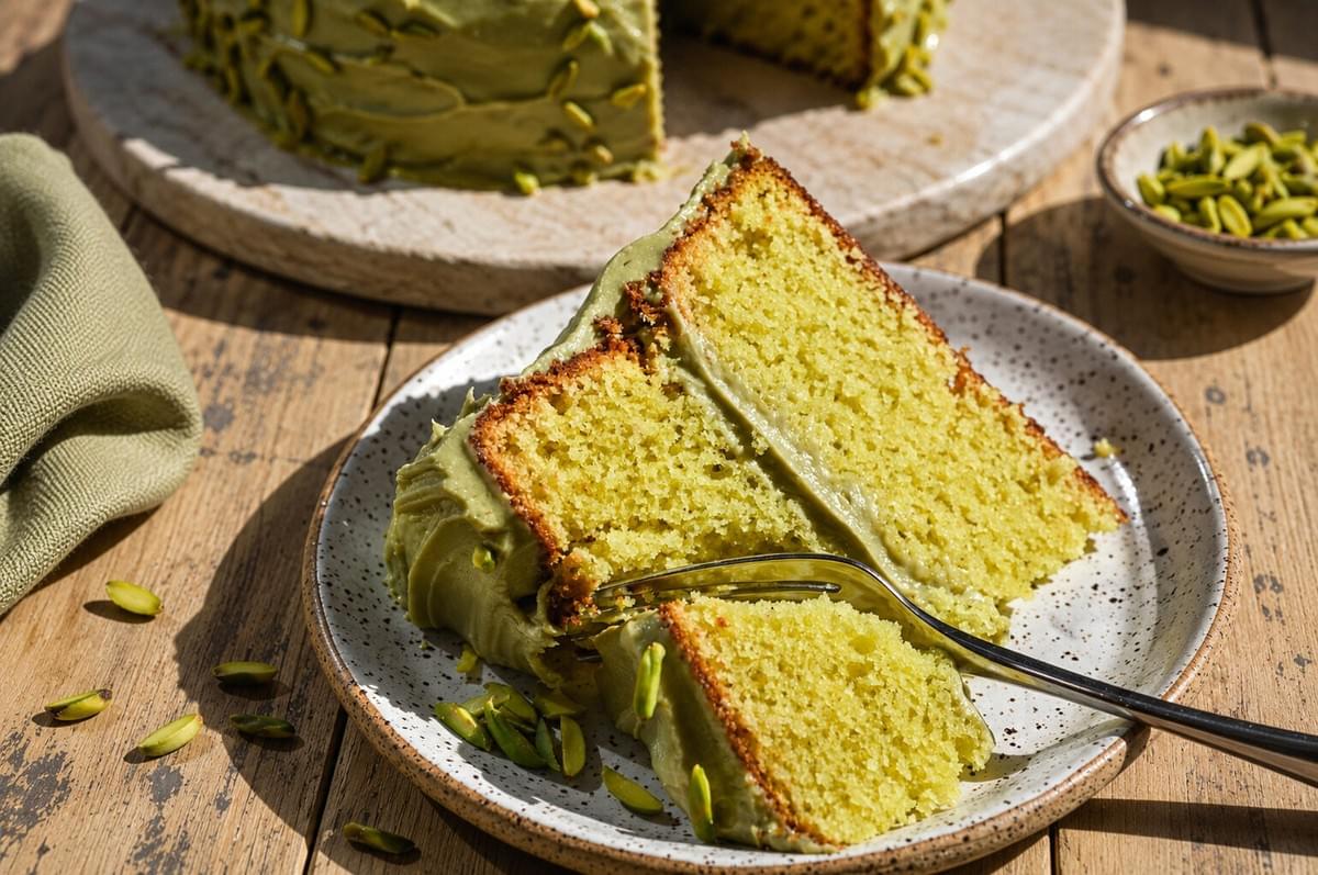 A close-up, top-down view of a single slice of yellow-green sponge cake with pale green pistachio frosting on a speckled plate. A close-up, top-down view of a single slice of yellow-green sponge cake with pale green pistachio frosting on a speckled plate.