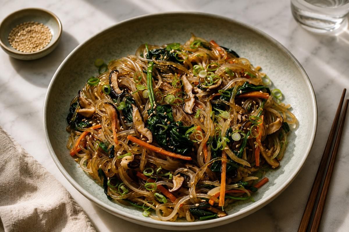 A top-down view of a shallow ceramic dish serving Japchae garnished with green onions. A top-down view of a shallow ceramic dish serving Japchae garnished with green onions.