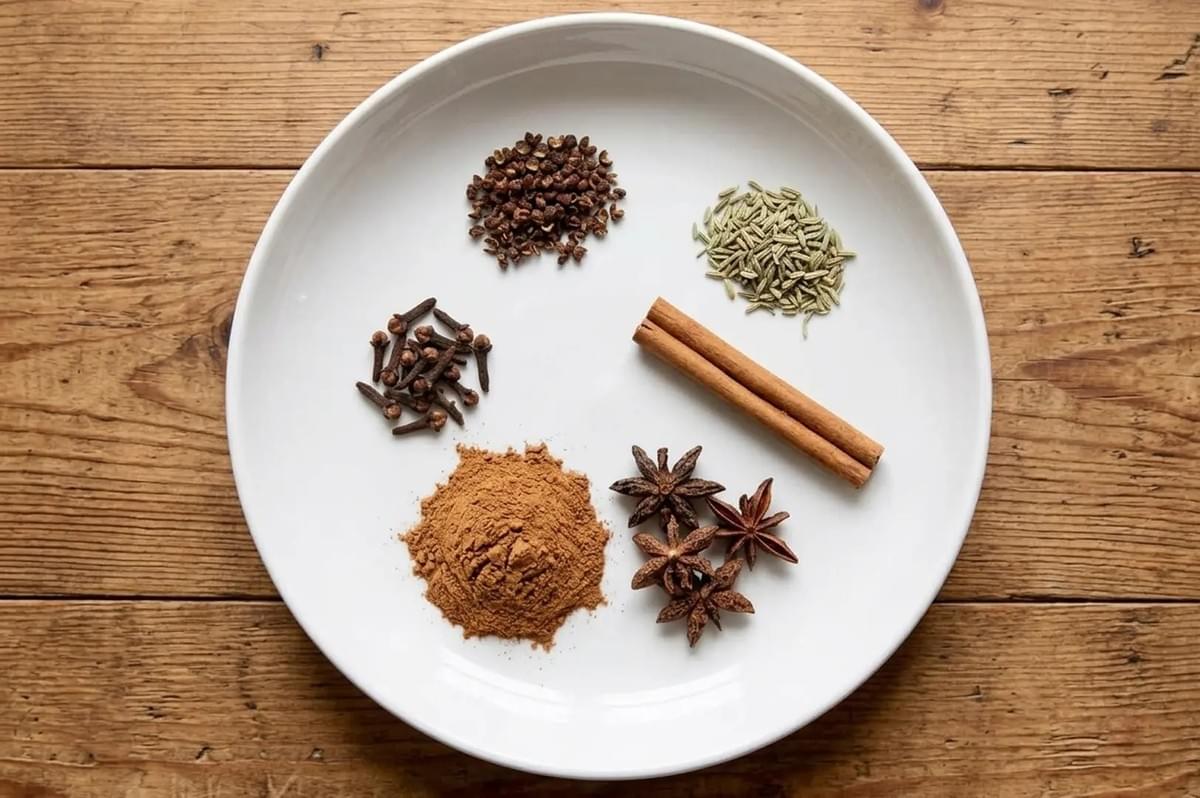White plate displaying traditional spices including star anise, cinnamon sticks, cloves, and peppercorns White plate displaying traditional spices including star anise, cinnamon sticks, cloves, and peppercorns