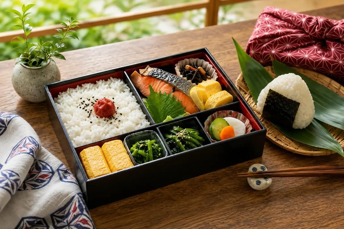 A traditional Japanese bento box with grilled salmon, rice topped with an umeboshi plum, tamagoyaki, and side dishes next to an onigiri and wrapped cloth. A traditional Japanese bento box with grilled salmon, rice topped with an umeboshi plum, tamagoyaki, and side dishes next to an onigiri and wrapped cloth.
