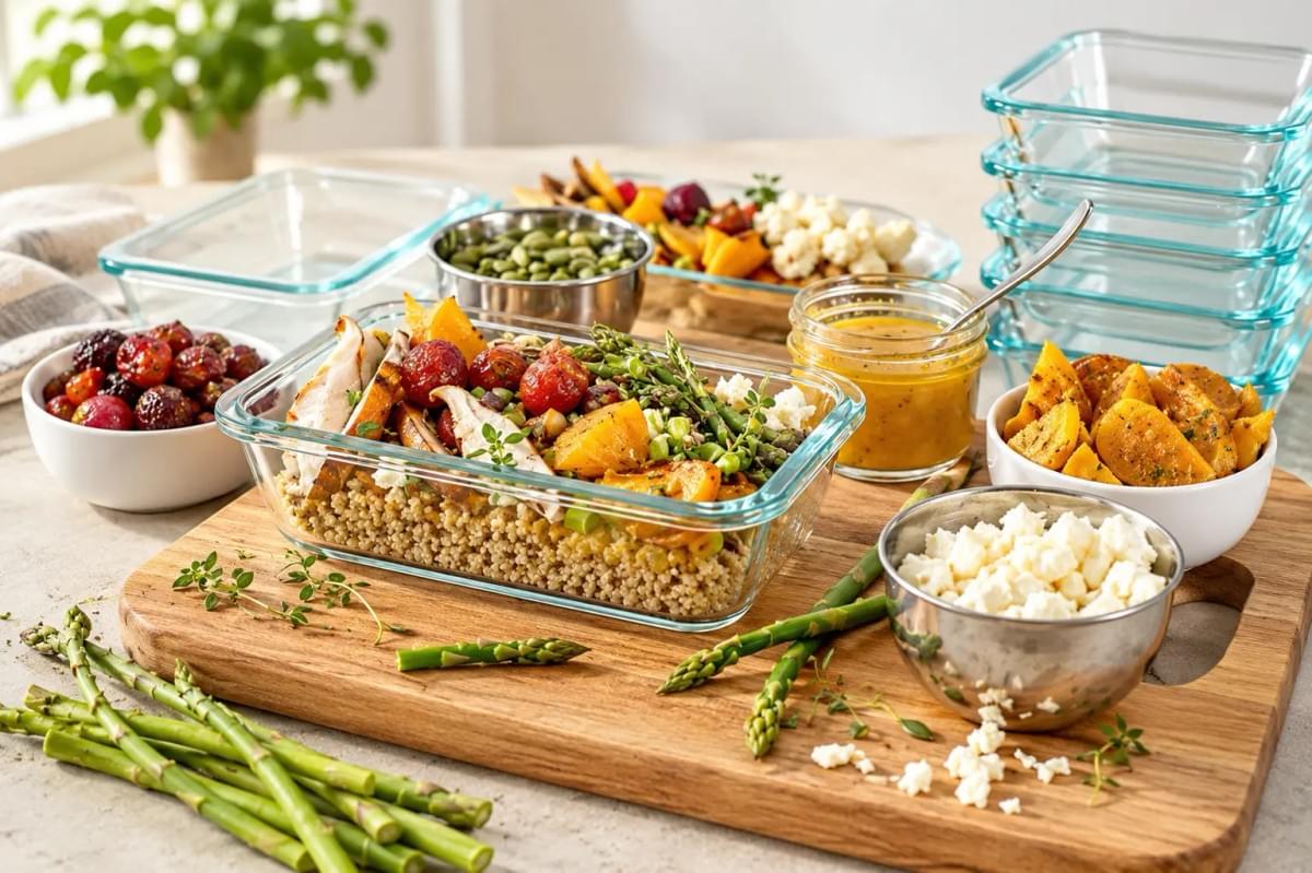 Meal prep counter featuring glass containers packed with quinoa, chicken, asparagus, roasted squash, and feta. Meal prep counter featuring glass containers packed with quinoa, chicken, asparagus, roasted squash, and feta.