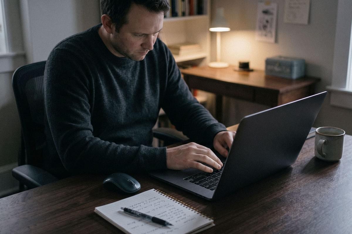 A man works on a laptop at a wooden desk with a notebook, pen, wireless mouse, and coffee mug in a softly lit home office. A man works on a laptop at a wooden desk with a notebook, pen, wireless mouse, and coffee mug in a softly lit home office.